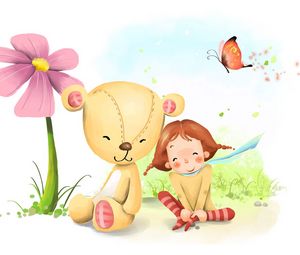 Preview wallpaper girl, bear, flower