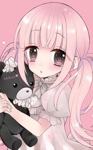 Preview wallpaper girl, bear, toy, anime, art, pink, cute