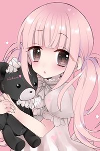 Preview wallpaper girl, bear, toy, anime, art, pink, cute