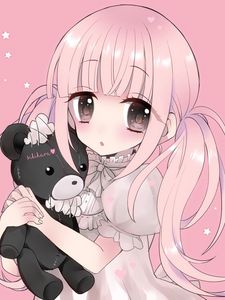 Preview wallpaper girl, bear, toy, anime, art, pink, cute