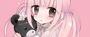 Preview wallpaper girl, bear, toy, anime, art, pink, cute