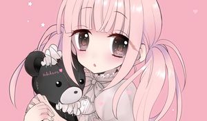 Preview wallpaper girl, bear, toy, anime, art, pink, cute