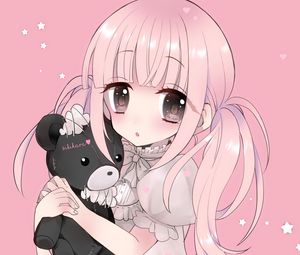 Preview wallpaper girl, bear, toy, anime, art, pink, cute