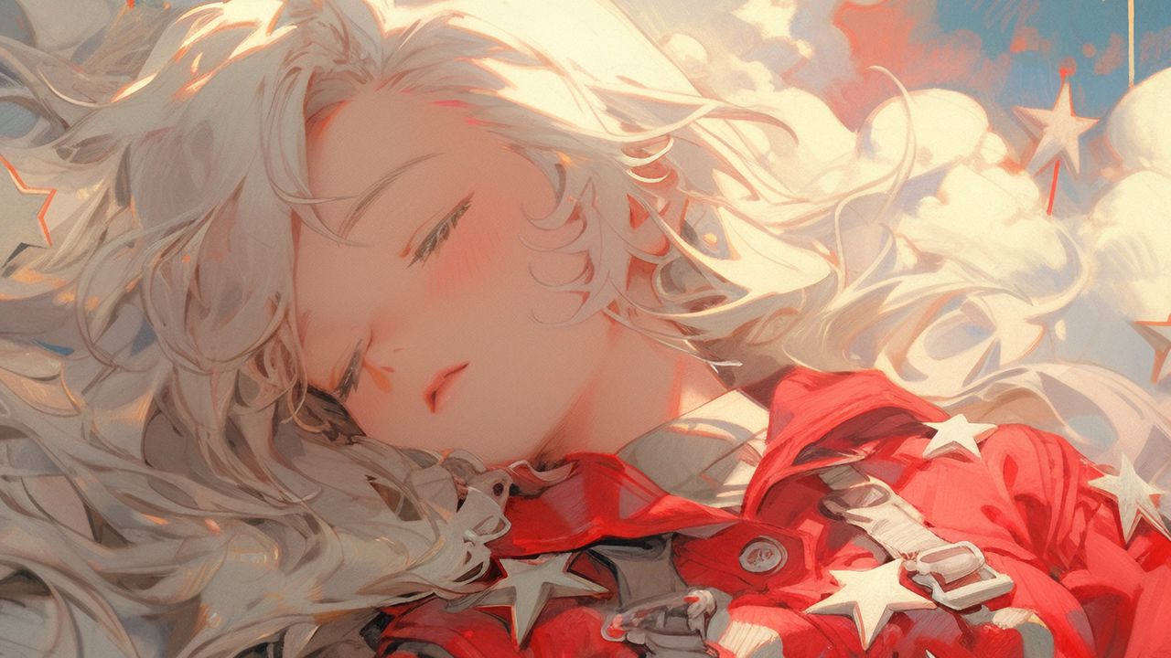 Wallpaper girl, belts, clouds, stars, sleep, anime, art