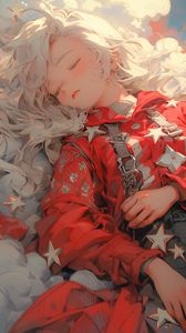 Preview wallpaper girl, belts, clouds, stars, sleep, anime, art