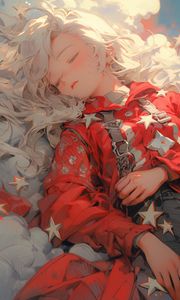 Preview wallpaper girl, belts, clouds, stars, sleep, anime, art