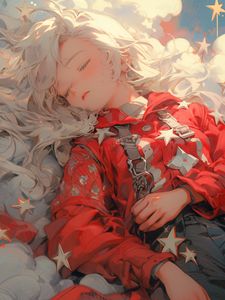 Preview wallpaper girl, belts, clouds, stars, sleep, anime, art