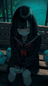 Preview wallpaper girl, bench, bird, gloomy, anime, art