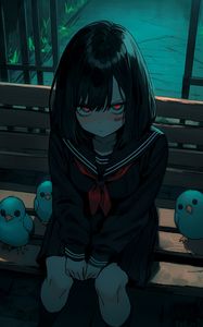 Preview wallpaper girl, bench, bird, gloomy, anime, art