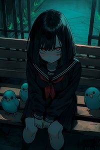 Preview wallpaper girl, bench, bird, gloomy, anime, art