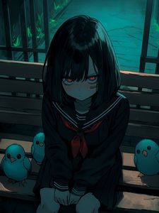 Preview wallpaper girl, bench, bird, gloomy, anime, art