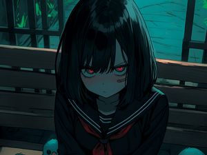 Preview wallpaper girl, bench, bird, gloomy, anime, art