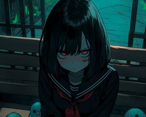 Preview wallpaper girl, bench, bird, gloomy, anime, art