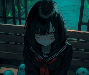 Preview wallpaper girl, bench, bird, gloomy, anime, art