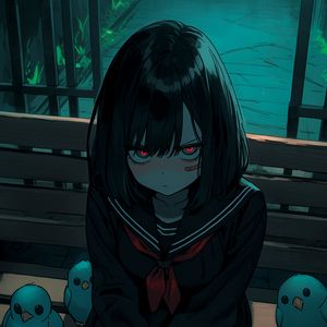 Preview wallpaper girl, bench, bird, gloomy, anime, art