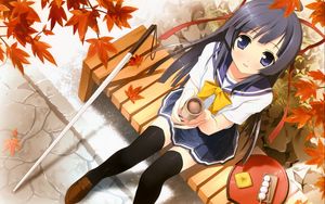 Preview wallpaper girl, bench, food, autumn, foliage