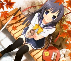 Preview wallpaper girl, bench, food, autumn, foliage