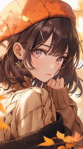 Preview wallpaper girl, beret, autumn, leaves, anime