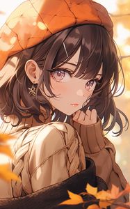 Preview wallpaper girl, beret, autumn, leaves, anime