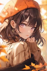 Preview wallpaper girl, beret, autumn, leaves, anime