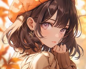 Preview wallpaper girl, beret, autumn, leaves, anime