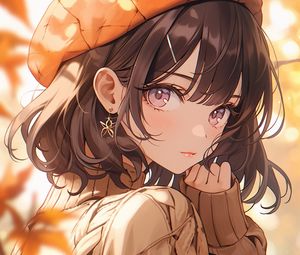 Preview wallpaper girl, beret, autumn, leaves, anime