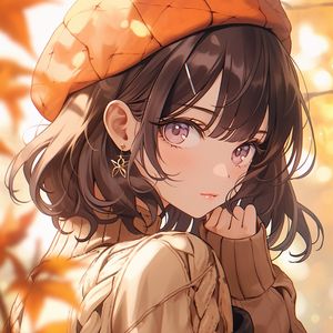 Preview wallpaper girl, beret, autumn, leaves, anime