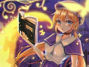 Preview wallpaper girl, beret, book, magic, anime, art
