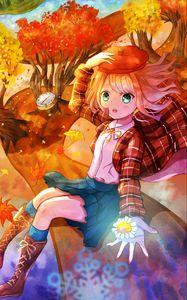 Preview wallpaper girl, beret, gesture, flower, autumn, anime