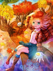 Preview wallpaper girl, beret, gesture, flower, autumn, anime