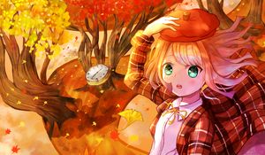 Preview wallpaper girl, beret, gesture, flower, autumn, anime
