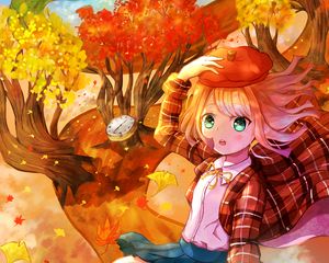 Preview wallpaper girl, beret, gesture, flower, autumn, anime