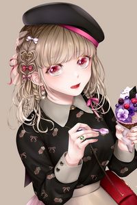 Preview wallpaper girl, beret, ice cream, dessert, anime, art