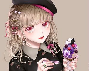 Preview wallpaper girl, beret, ice cream, dessert, anime, art