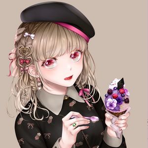 Preview wallpaper girl, beret, ice cream, dessert, anime, art
