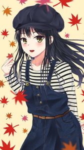Preview wallpaper girl, beret, leaves, anime