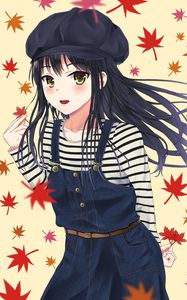 Preview wallpaper girl, beret, leaves, anime