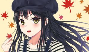 Preview wallpaper girl, beret, leaves, anime
