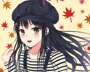 Preview wallpaper girl, beret, leaves, anime