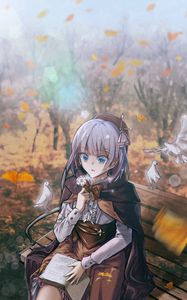 Preview wallpaper girl, beret, pigeons, autumn, anime, art, cartoon