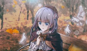 Preview wallpaper girl, beret, pigeons, autumn, anime, art, cartoon