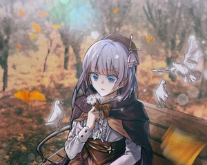 Preview wallpaper girl, beret, pigeons, autumn, anime, art, cartoon