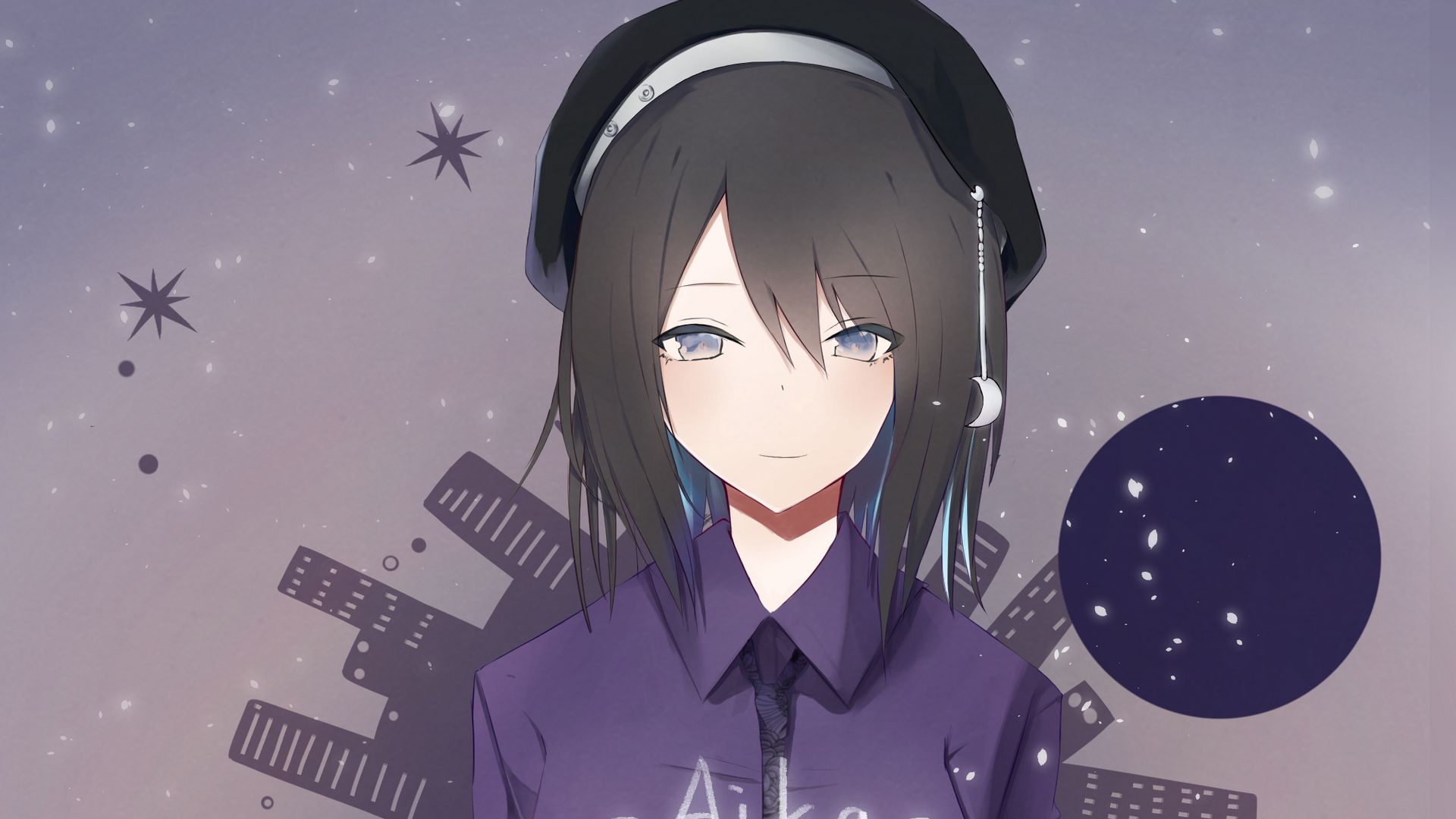 Download wallpaper 1920x1080 girl, beret, shirt, anime, art, purple ...