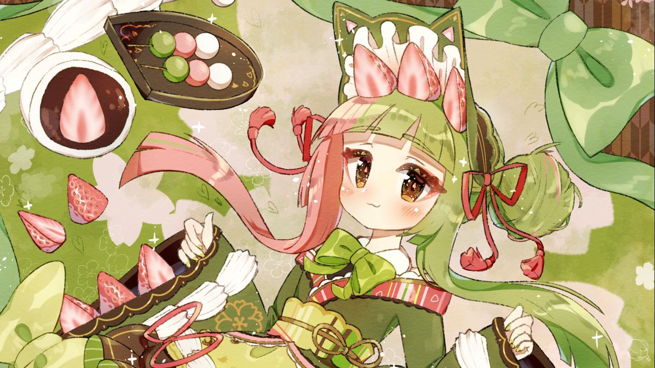 Wallpaper girl, berries, cookies, dessert, anime, art
