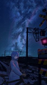 Preview wallpaper girl, bicycle, night, stars, rails, railway