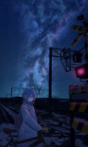Preview wallpaper girl, bicycle, night, stars, rails, railway
