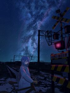 Preview wallpaper girl, bicycle, night, stars, rails, railway