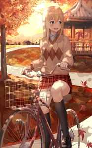 Preview wallpaper girl, bike, autumn, anime, art, cartoon