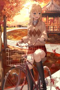 Preview wallpaper girl, bike, autumn, anime, art, cartoon