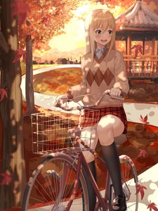 Preview wallpaper girl, bike, autumn, anime, art, cartoon